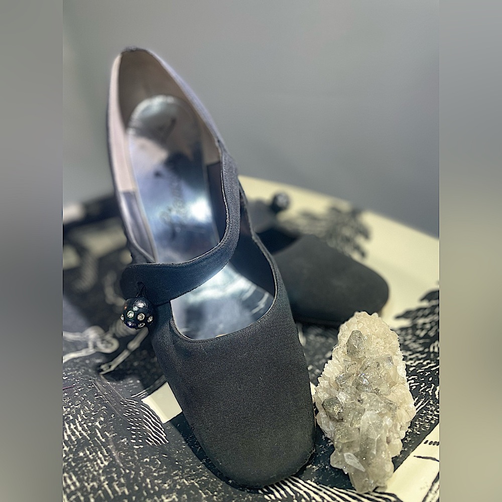 🖤 Vintage 🖤 Black Grosgrain Satin Cross Strap Mary Jane Heels Rhinestone 7 1/2